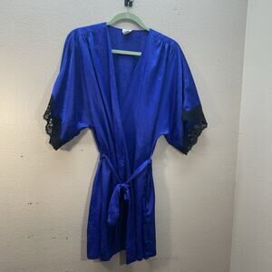 Morgan Taylor‎ Fantasies Royal Blue Black Lace Trim Robe Cover Up One Size